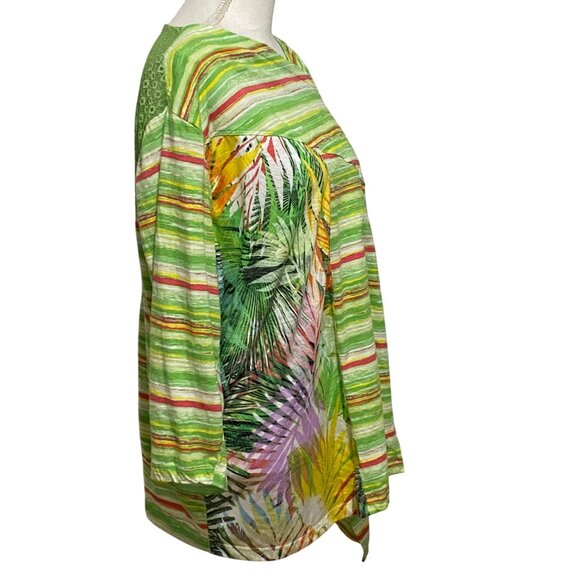 Onque Woman Open Front Wrap Jacket 2X Green Boho Festival Lace Tropical Striped - Picture 2 of 6